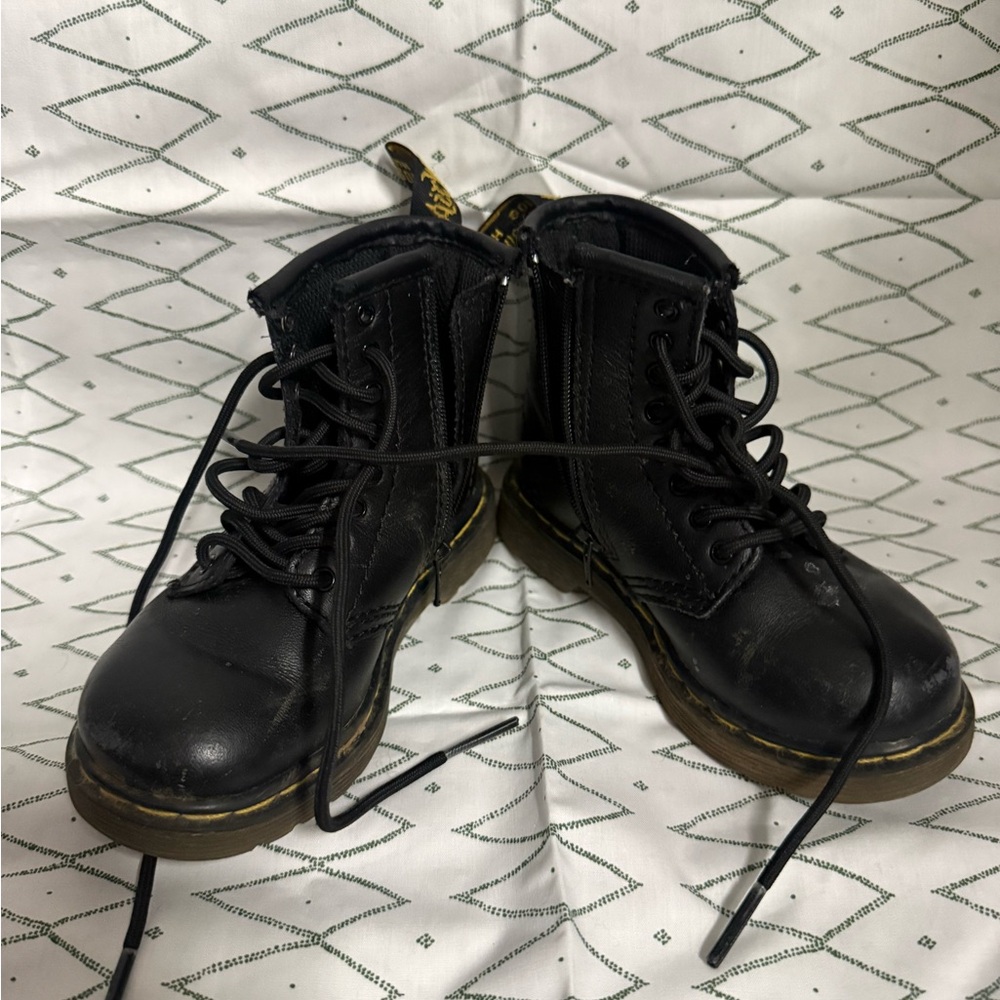 Dr. Martens Kids Black Leather Lace-Up Combat Boots with Yellow Stitching